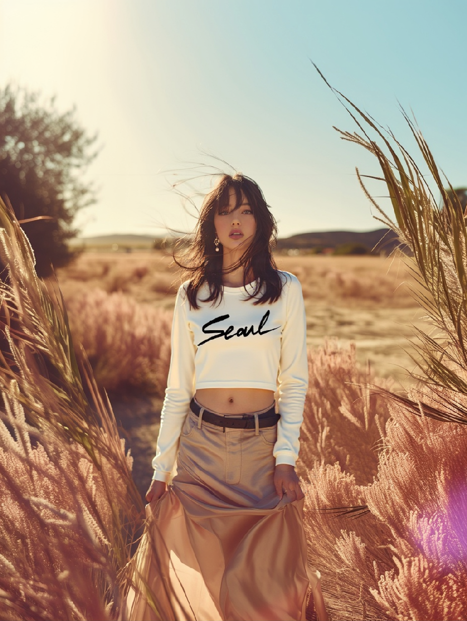 Woman standing in a field of tall grass wearing a white crop top with 'Seoul' printed on it.