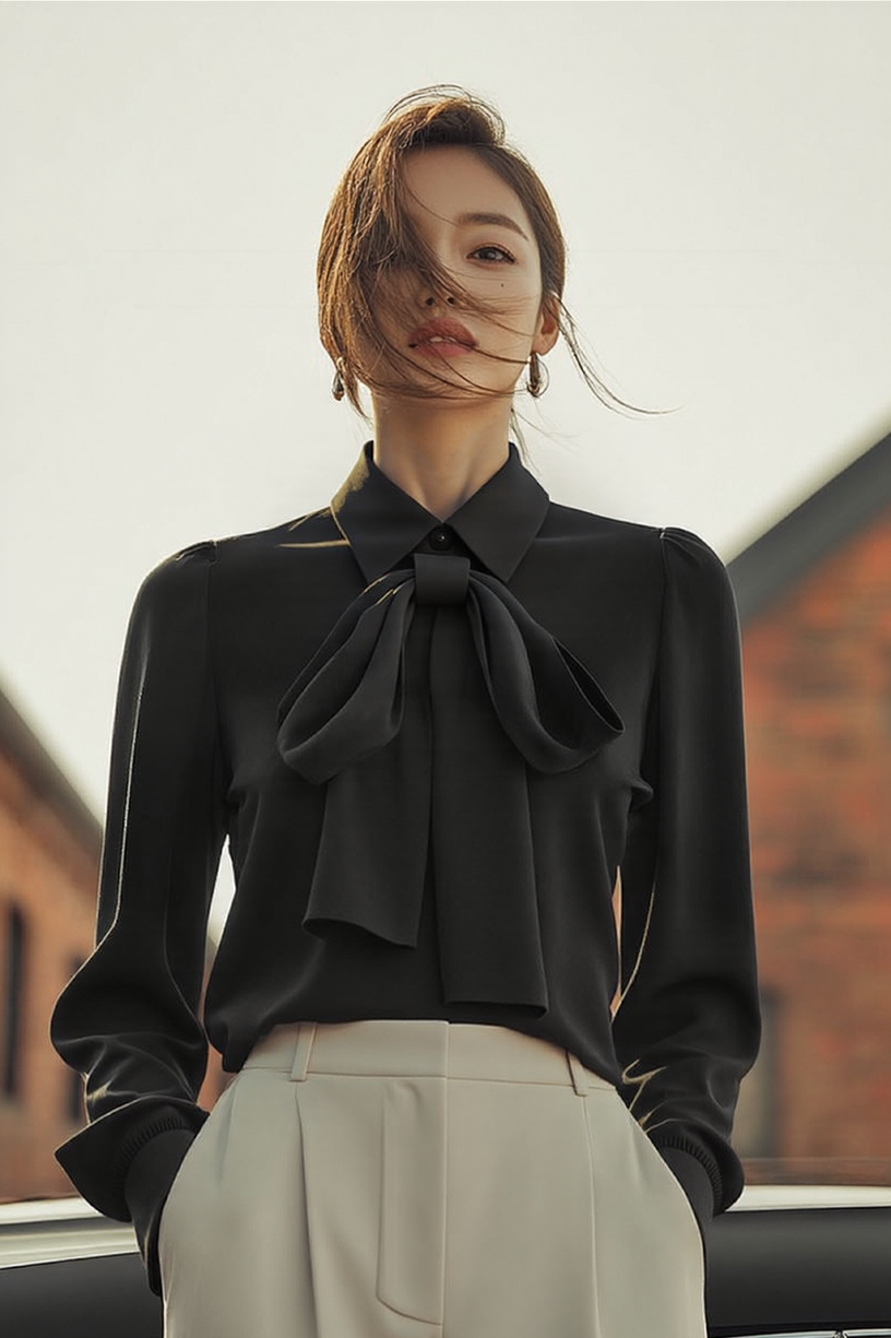 Woman wearing a black blouse with a large bow tie and beige pants, standing in front of a car.