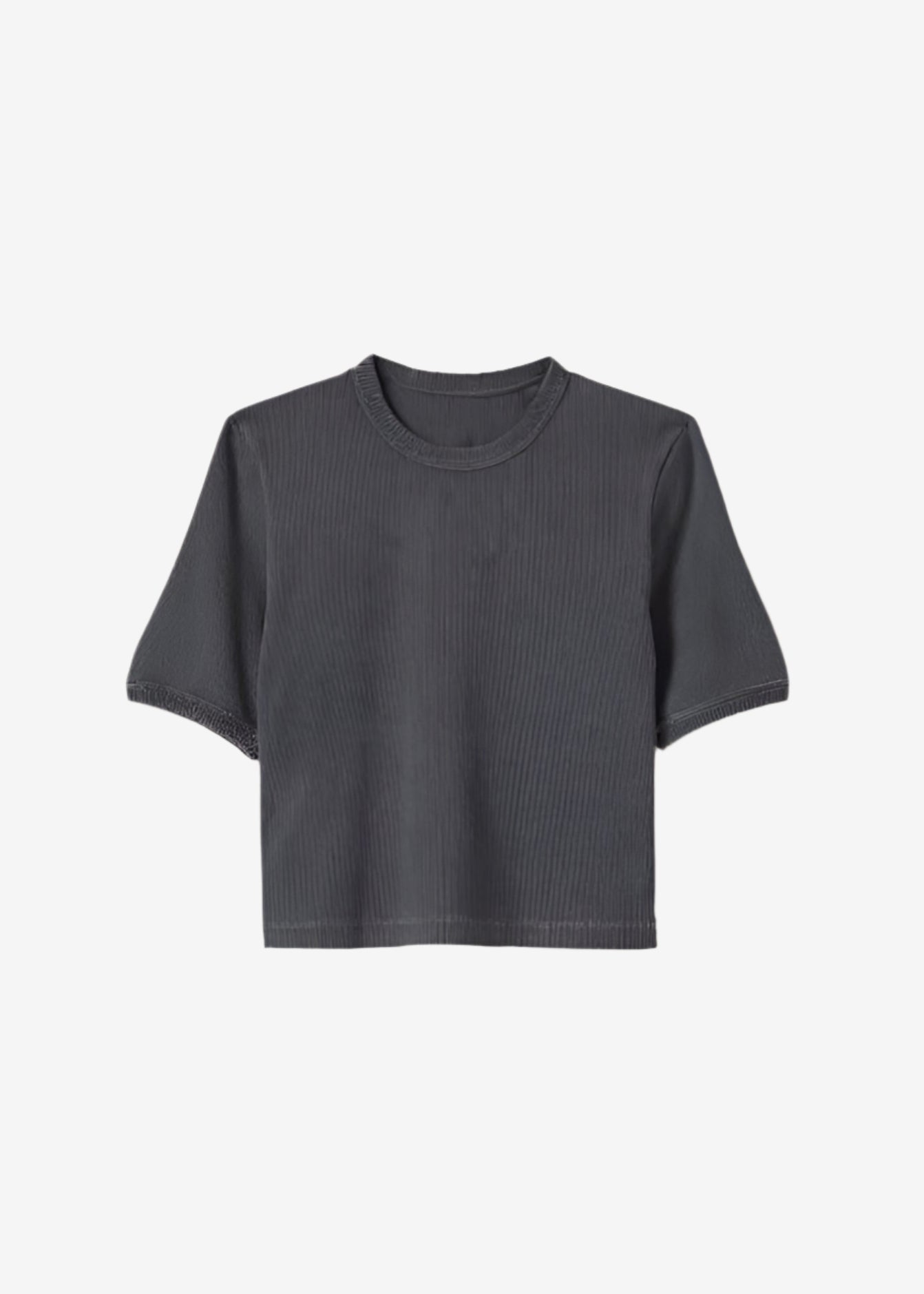 A short-sleeve, ribbed grey crop top with a round neckline. 