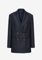 navy double-breasted blazer with gold buttons and two front pockets. 