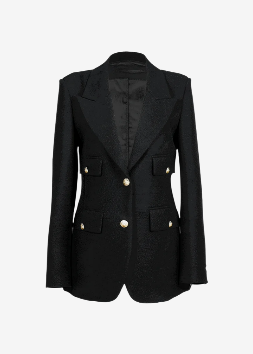 A black double-breasted blazer with gold buttons and pocket flaps. 