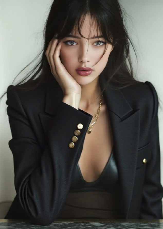 A woman in a stylish black blazer rests her chin on her hand, with a neutral background. 