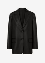 A black blazer with two buttons and two front pockets. 