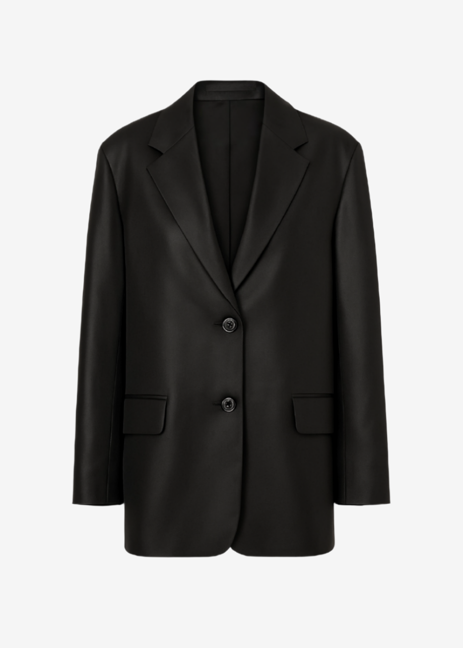 A black blazer with two buttons and two front pockets. 