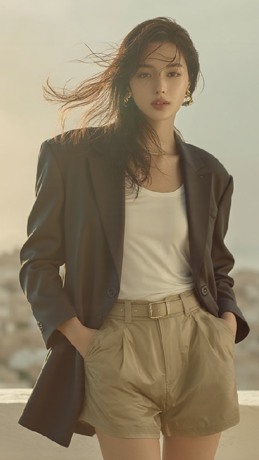 A woman in a black blazer and light shorts, standing outdoors with the wind blowing her hair. 