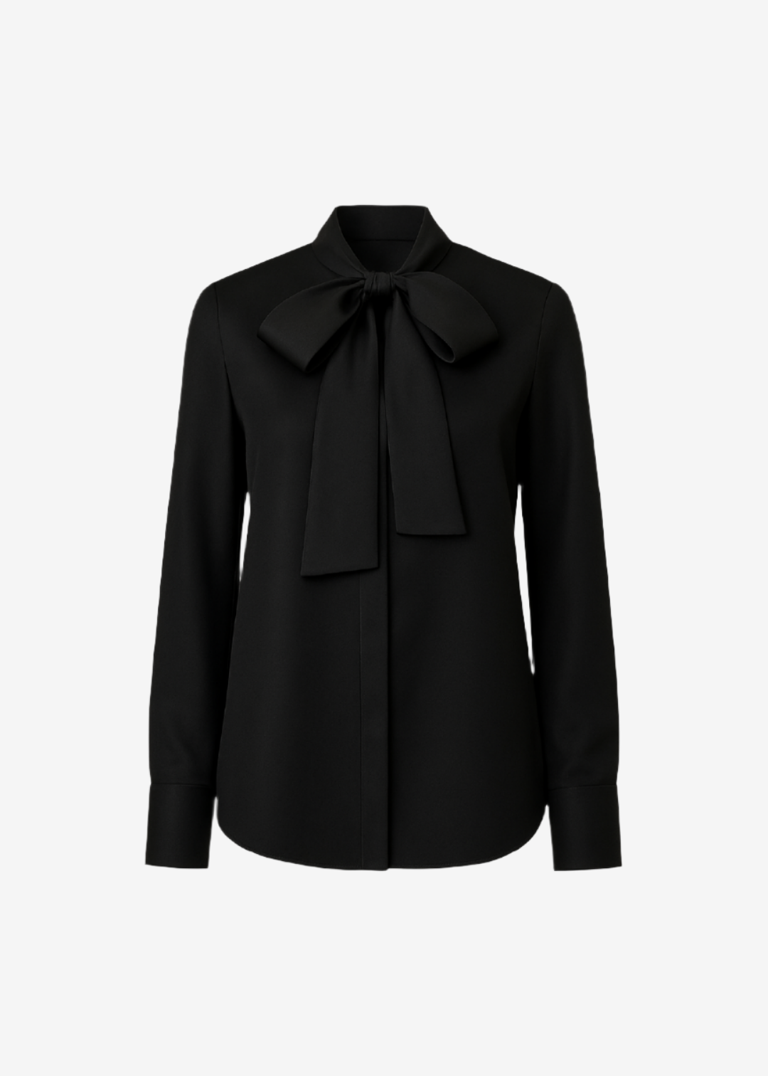 A black blouse with a tied bow at the neckline and long sleeves. 