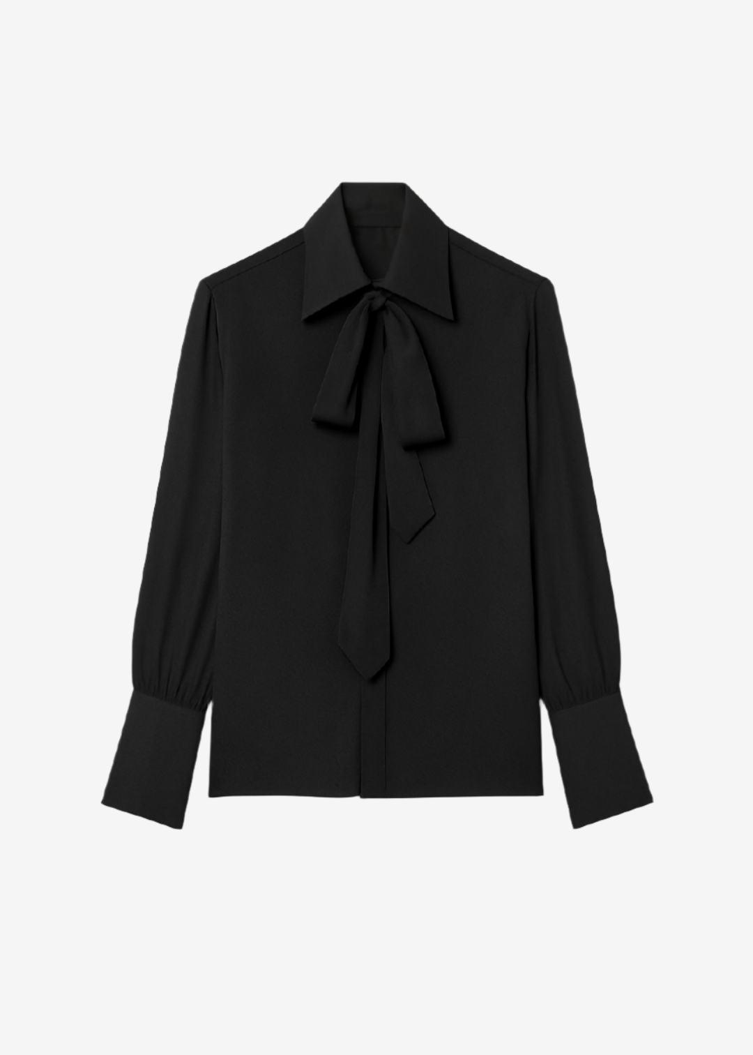 A black blouse with a large collar and a tied bow at the neckline, featuring long sleeves.